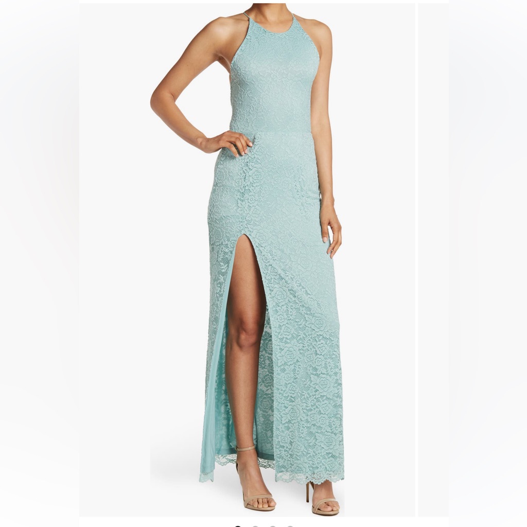 Mint Lace Backless Maxi Dress With Side Slit